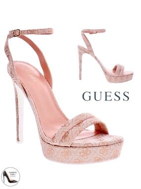 GUESS Clives 2 Light Pink Logo Ankle Strap Stiletto Heel Platform Sandal Pumps 9